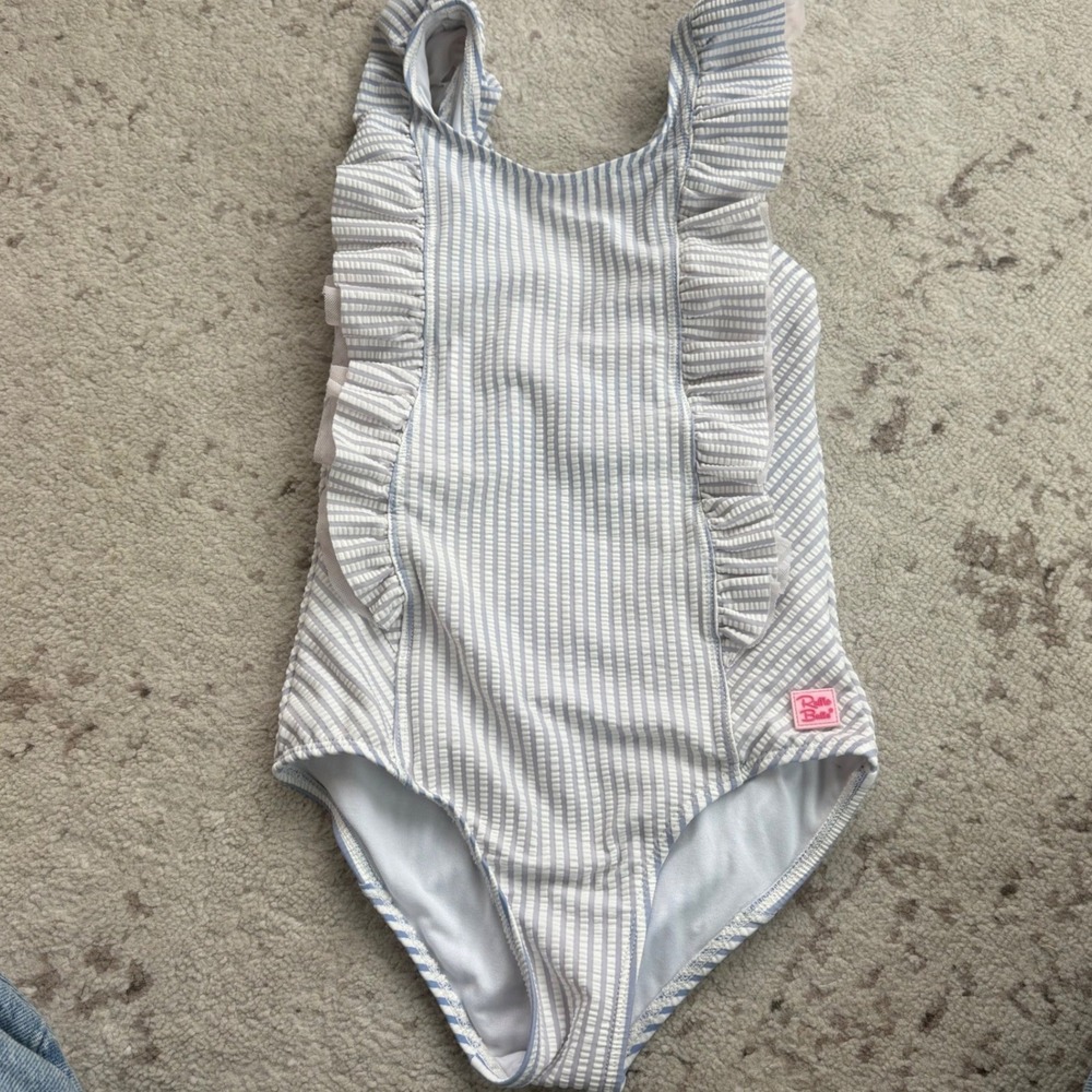 RuffleButts Girls Blue White‎ Seersucker Ruffle One Piece Swimsuit Size 7